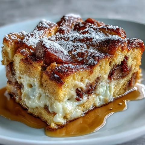 Goldbrauner Monte Cristo Breakfast Casserole, belegt mit Puderzucker und tropfendem Ahornsirup auf dem Frühstücksteller.