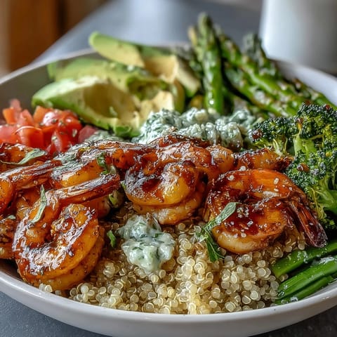 Frisch zubereitete Rainbow Vegetable Detox Bowl mit buntem Gemüse, saftigen Garnelen und cremiger Avocado auf Quinoa.