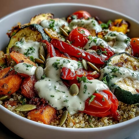 Schüssel mit goldbraun geröstetem Gemüse auf fluffigem Quinoa und würziger Tahini-Soße.