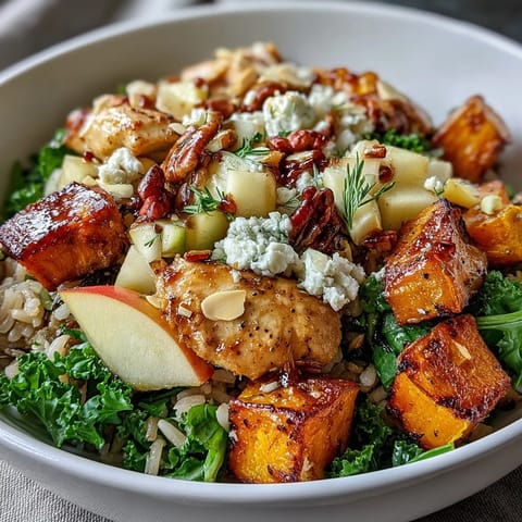 Herzhafte Ernteschüssel: Hähnchen, Süßkartoffeln, Apfel und Mandeln auf Kale.