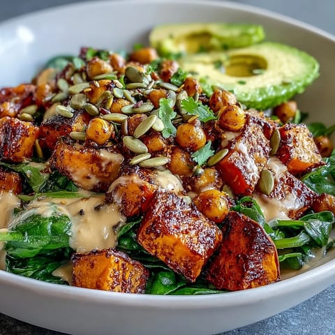 Richtig leckere, rost-süße Süßkartoffelstücke und knusprige Kichererbsen im Bowl mit garlicky Spinat und cremiger Chipotle-Tahini-Soße