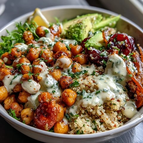 Farbenfrohe Getreide-Bowls mit gerösteten Kichererbsen, Zitronen-Dressing und knackigem Gemüse.