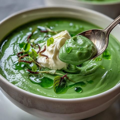 Vibrante Frühlings-Erbsensuppe mit luftigem Ricotta und frischem Minzöl.