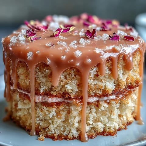 Ein eleganter roséfarbener Samtkuchen mit glänzendem Goldtropfen, perfekt für eine stilvolle Hochzeitsfeier.