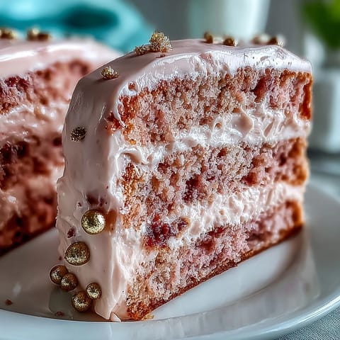 2. Zarter Samtkuchen in Rosé-Optik, geschichtet mit cremiger Creme-Frischkäse-Frosting und luxuriösem Gold-Drip für besondere Anlässe.  