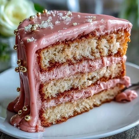 Rosé-Velvet-Kuchen mit goldener Glasur: Eleganter rosa Kuchen mit Rosé-Wein-Aroma, cremiger Füllung und glänzendem Gold-Drip.