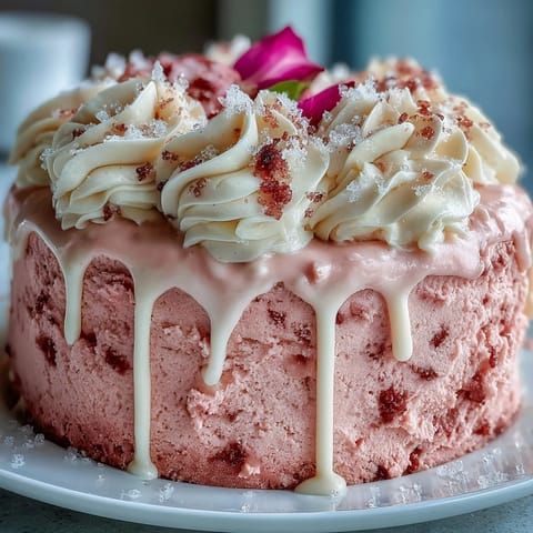 Rosé-Velvet-Kuchen mit goldener Glasur: Ein atemberaubender, zarter rosa Kuchen mit Roséwein-Aroma, cremiger Frischkäse-Frosting und eleganter essbarer Goldtropfen-Dekoration für unvergessliche Feiern.