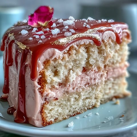 Elegantes Rosé-Velvet-Kuchen mit Gold-Drip, perfekt für eine Brautparty mit zarter rosa Farbe und glänzendem Finish.