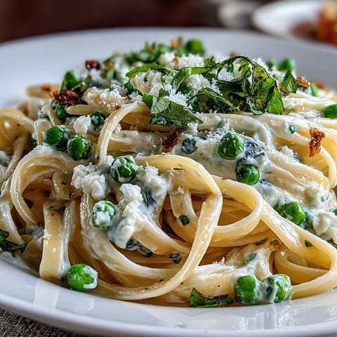Zitronen-Ricotta-Pasta mit Erbsen und frischer Minze, servierfertig auf dem Tisch.