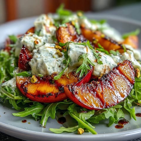 Gegrillter Pfirsisch-Burrata-Salat mit Honig und karamellisierten Früchten.