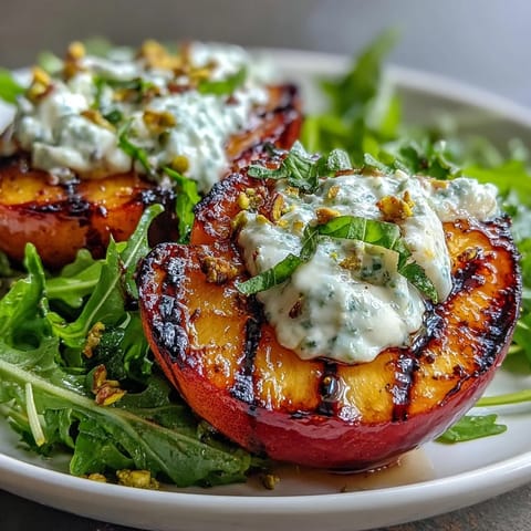 Luxuriöses Grilled Peach and Burrata Salad mit cremigem Käse und nussiger Kruste.