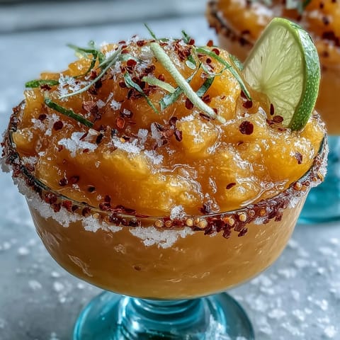 Eiskalter, würziger Mango-Margarita-Slush (alkoholfrei) mit Limette und Chili.