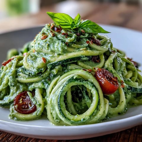 Spiralized Zucchini Noodles with Avocado Pesto, vibrant and tossed with creamy green goodness.
