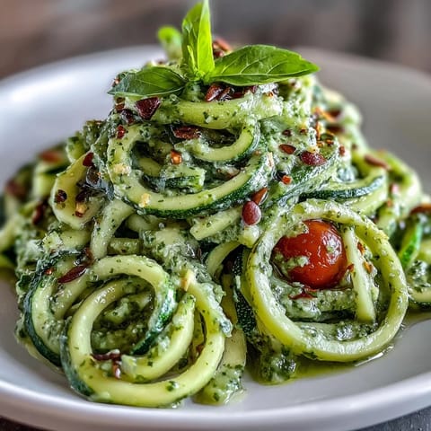 Creamy Avocado Pesto coats tender Zucchini Noodles, a gorgeous, healthy Mediterranean-inspired dish.