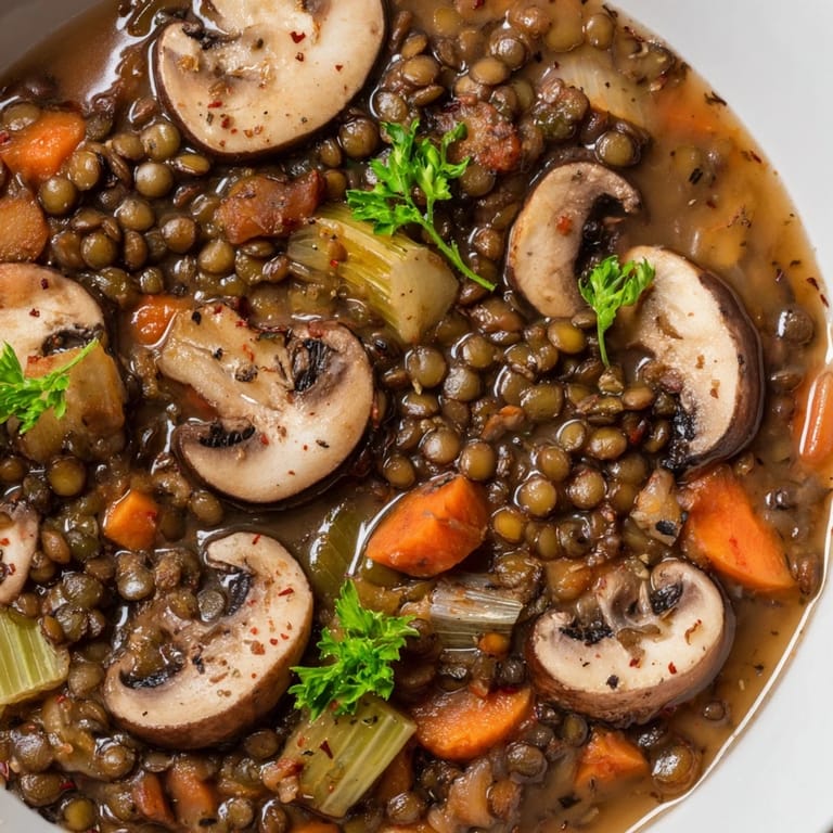 Eintopf aus Linsen und Champignons, der in einem schönen, dampfenden Topf serviert wird.