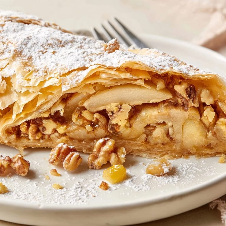 Leckerer deutscher Apfelstrudel, warm serviert und bestäubt mit Puderzucker für das perfekte Dessert.