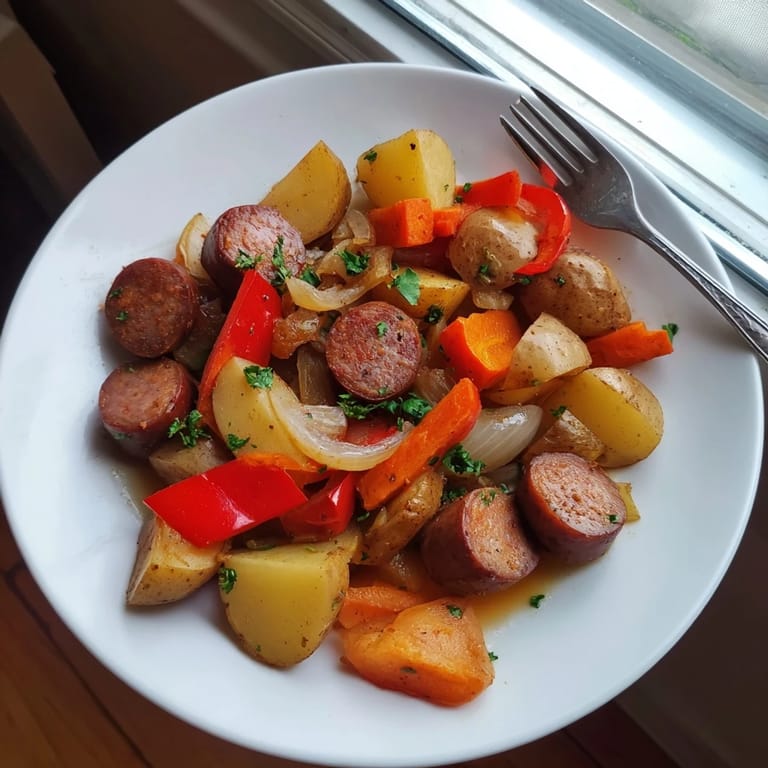 Leckere One-Pot-Wurst und Kartoffeln, serviert mit frischer Petersilie für mehr Geschmack.