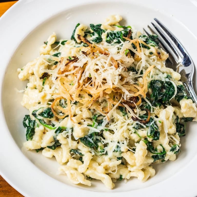 Köstliche Spinat- und Käse-Spätzle, ideal für ein gemütliches Abendessen mit Freunden.