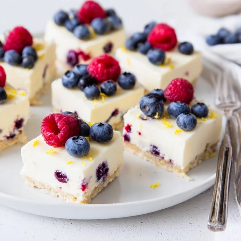 Leichte Quark-Cheesecake-Bites auf einem buttrigen Keksboden, perfekt für Dessertliebhaber.