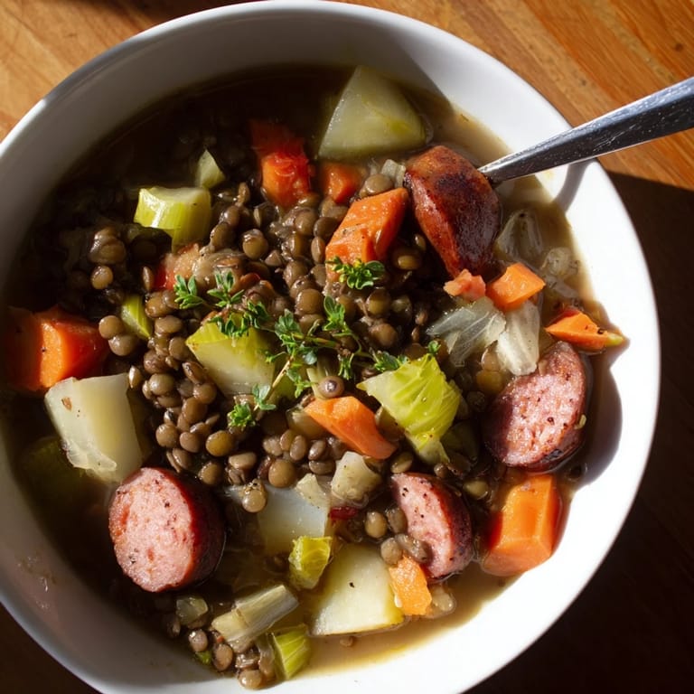 Gemütlicher deutscher Linseneintopf, dampfend heiß, perfekt für kalte Wintertage. 