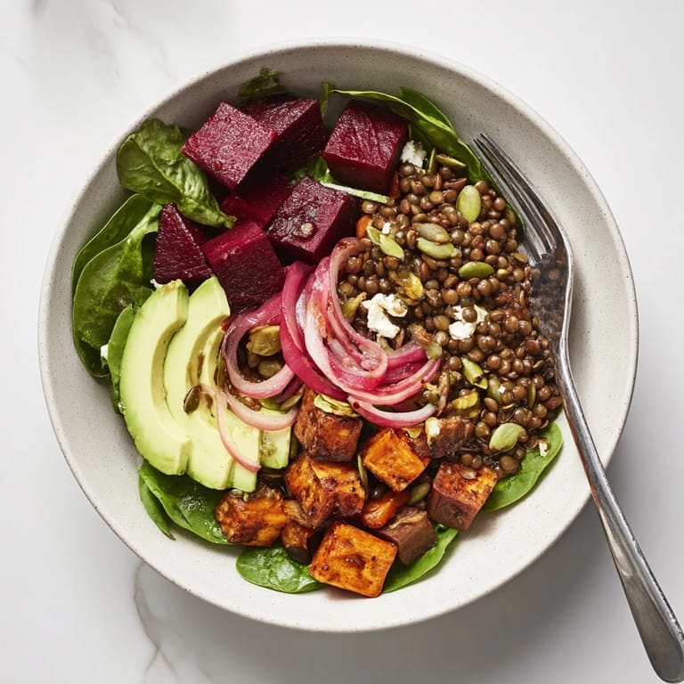 Nährstoffreiche Light Beetroot and Lentil Bowl voller Geschmack und frischer Babyspinatblätter.