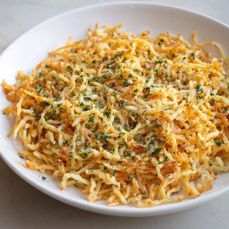 Close up shot of golden, air fried German spätzle; a perfect side for dinner.
