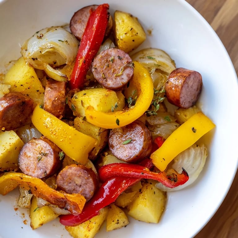 Close-up of a delicious 1-Pot Kielbasa and Potato Bake, featuring tender potatoes, perfect for a cozy treat.