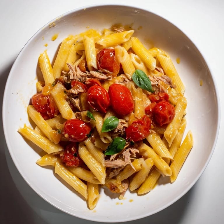 Vibrant image of Blitz Pasta with Tomatoes & Tuna, a pescatarian delight, close-up with fresh ingredients.