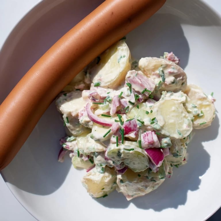 A close-up of delicious German Potato Salad with Sausages, ready for a satisfying family dinner.