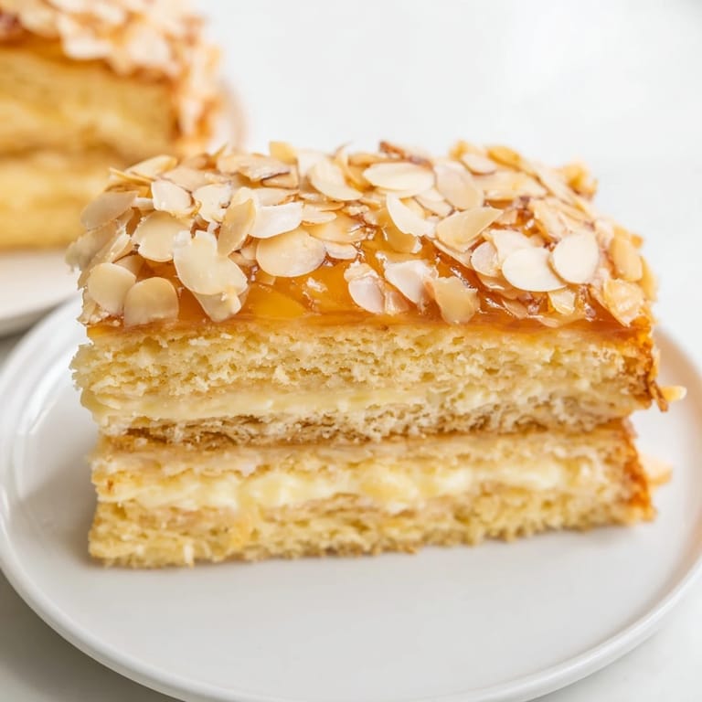 A slice of Bee Sting Cake showcasing the layered vanilla cream filling and crunchy almonds.