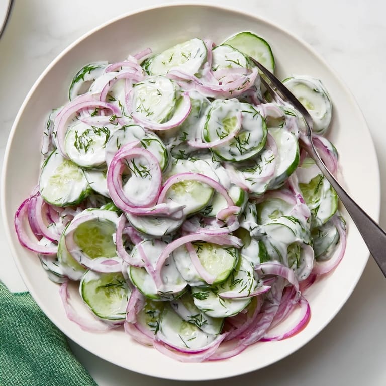 Close-up of Creamy German Cucumber Salad, showcasing the fresh dill and red onion on top.