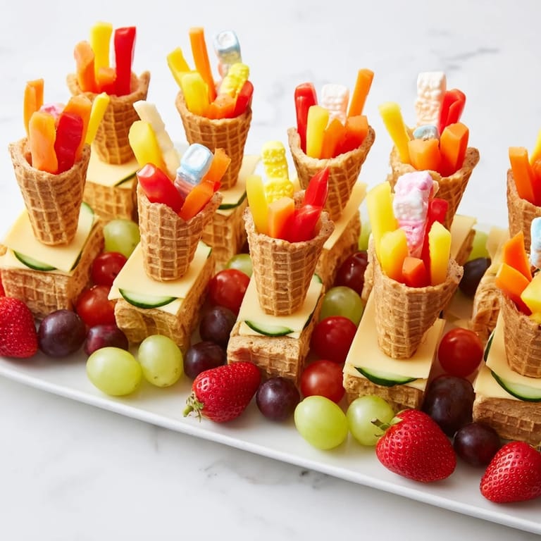 A delicious fairy tale castle platter, beautifully arranged with fruits, veggies, and savory bites.