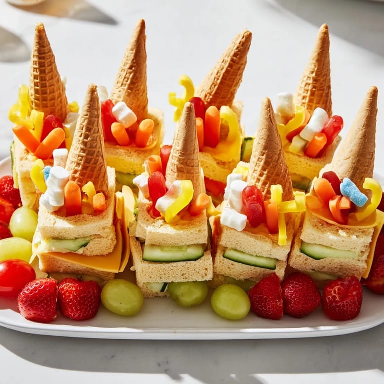This vibrant fairy tale castle platter showcases a magical spread of edible treats for kids.