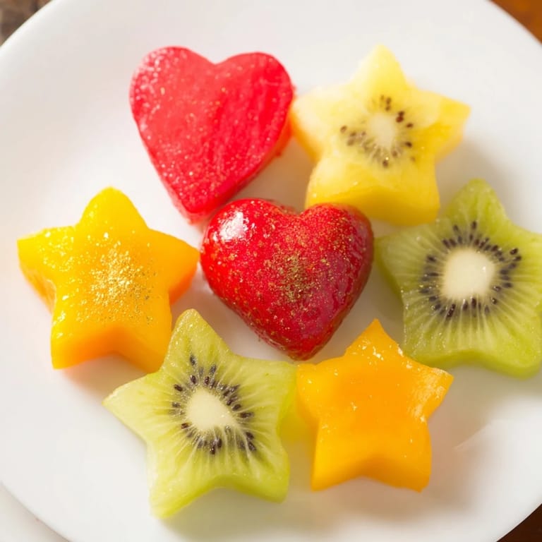 Bright strawberry stars and kiwi hearts: a close-up of beautifully crafted Midnight Kiss garnishes.