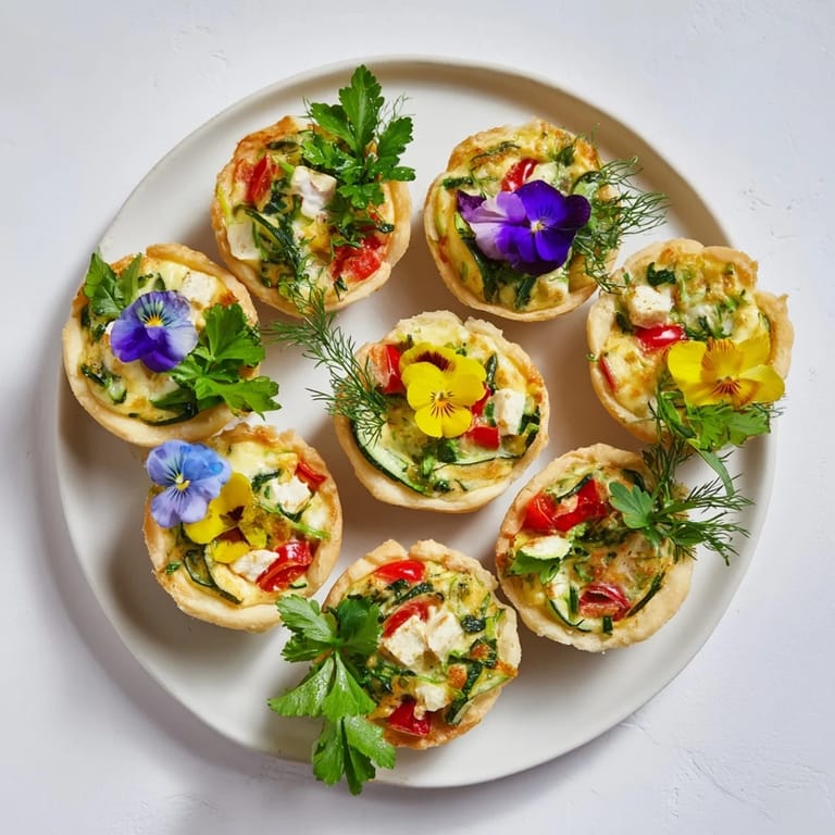 Golden-brown Mini Quiches Couronne Florale, a French appetizer, ready to serve with fresh herbs, a vegetarian delight.