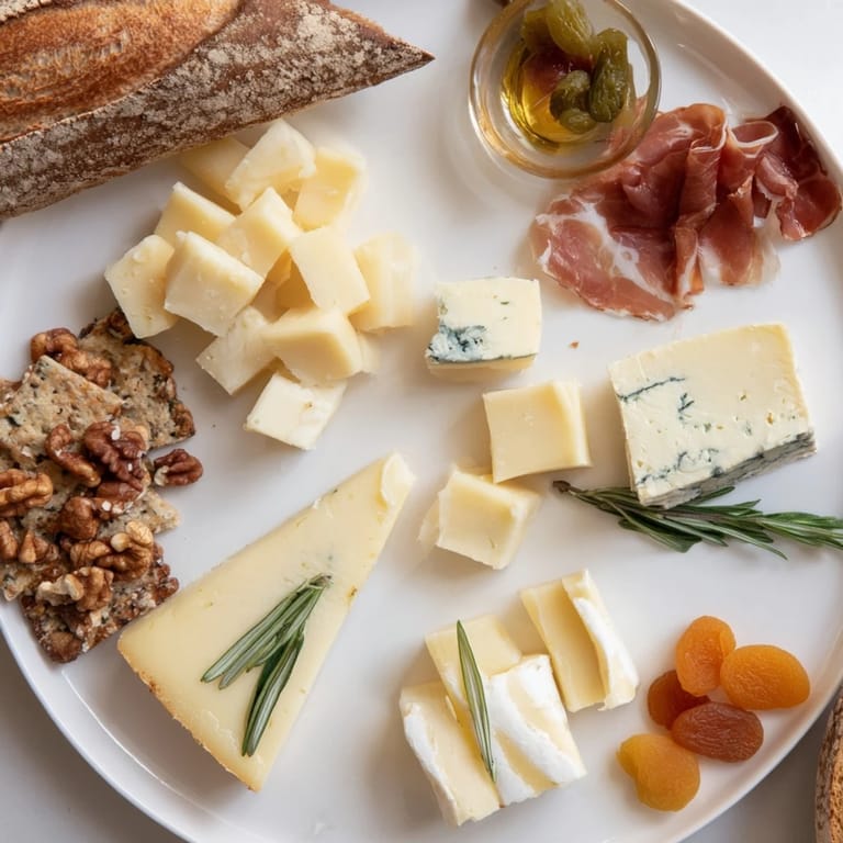 Savory Winter Mountain Cheese Platter, showcasing diverse Alpine cheeses and charcuterie on a rustic board.