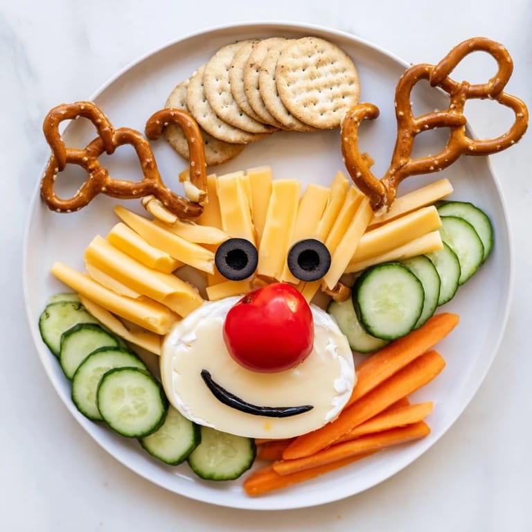 Festive Cheesy Reindeer Face Platter with cheddar, mozzarella, and gouda cheeses, ready to serve and enjoy.