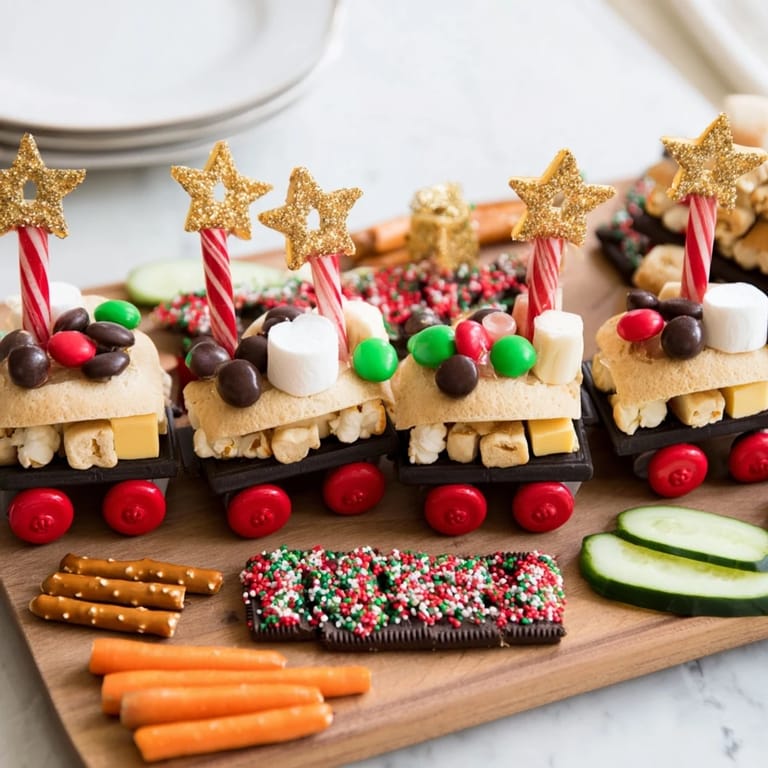 A delicious view of the Polar Express Train Treat Board, filled with mini marshmallows and peppermint bark.