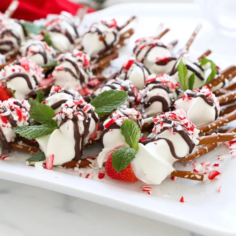 A close-up of a Candy Cane Dessert Platter full of peppermint bark and chocolate-covered pretzels.