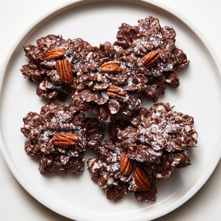 Close-up of rustic Pinecone Chocolate Nut Clusters, featuring perfectly arranged chocolate-covered nuts.