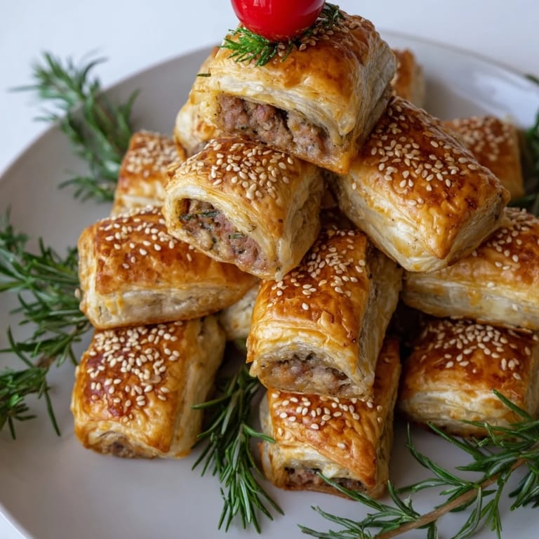 Close-up of baked savory bites: Mini sausage roll Christmas tree, showcasing perfectly browned, puffed pastry.