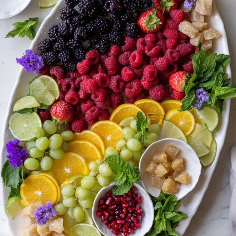 This bubbly bar garnish platter displays a colorful array of fruits and herbs perfect for champagne cocktails.