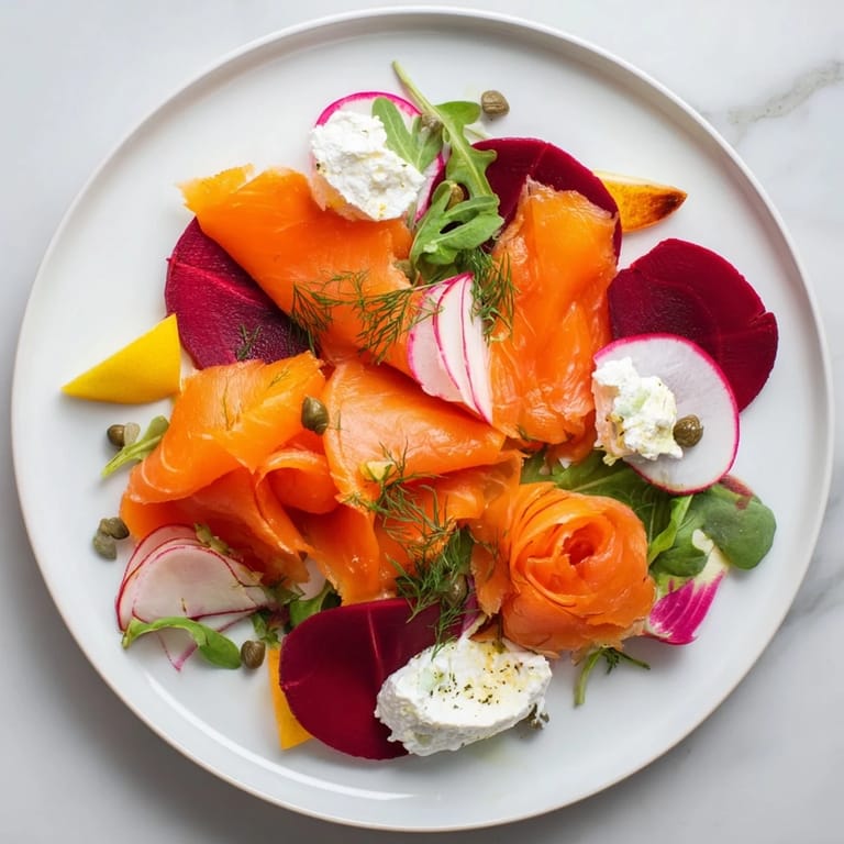 This Winter Harvest Smoked Salmon Board presents a delicious spread of smoked salmon alongside colorful vegetables and creamy cheeses.