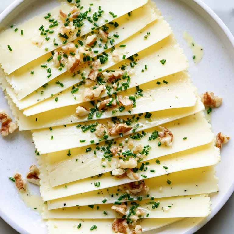 Close-up of a layered Swiss cheese slice fan, garnished with fresh chives, a flavorful snack.