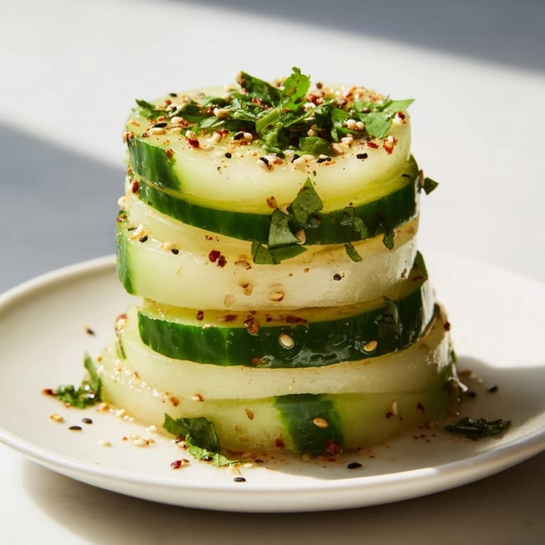 Ein appetitlicher Teller mit Jicama und Gurken-Scheiben-Stapeln, perfekt für vegane Appetit oder leichte Vorspeise.