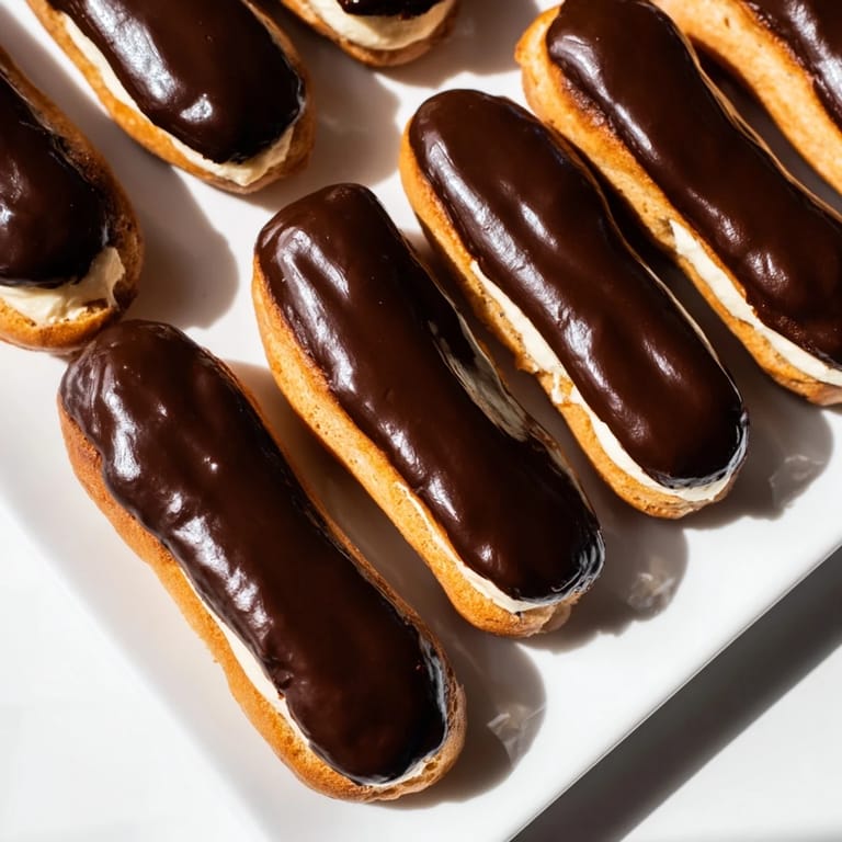Freshly glazed mini chocolate éclairs arranged on a plate—a tempting treat made easy.