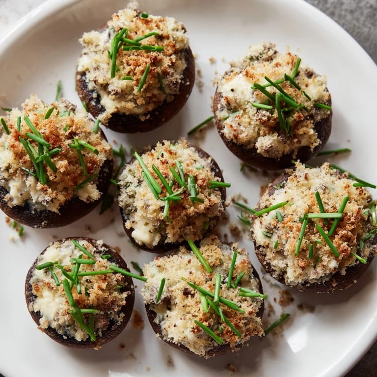 Freshly baked stuffed mushroom caps, beautifully arranged, perfect for your holiday spread.