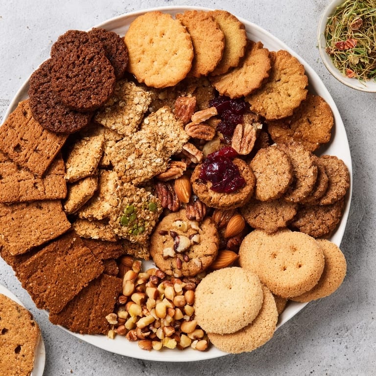 Assortment of golden Holiday Crackers, garnished with colorful cranberries and nuts, ready to enjoy.