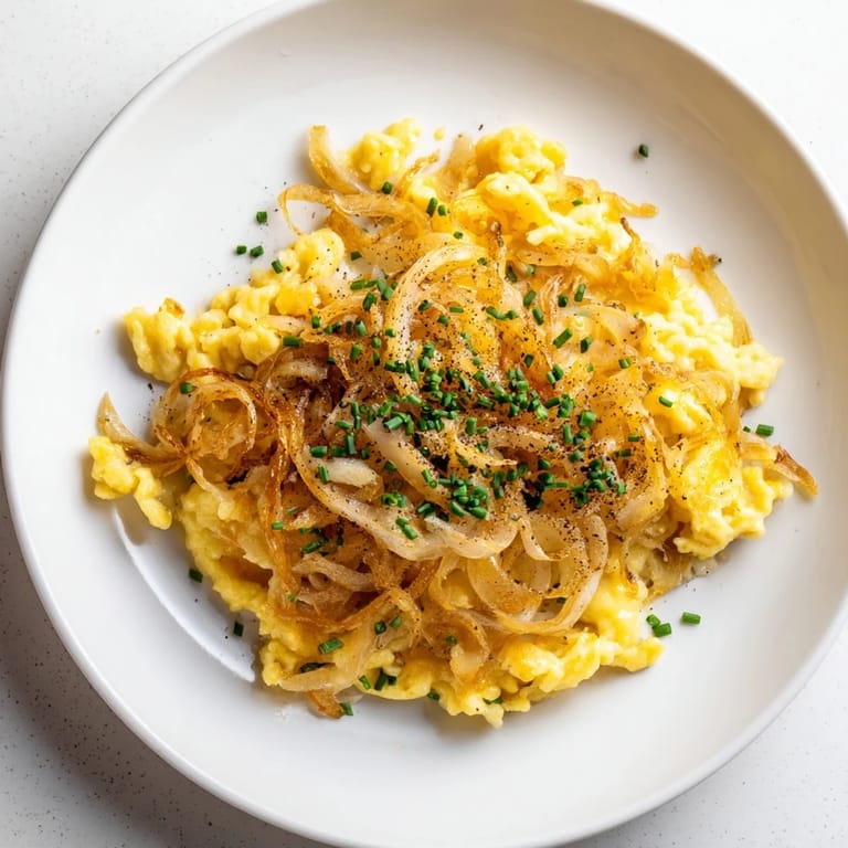 A close-up of creamy, cheesy Käsespätzle, topped with caramelized onions ready to enjoy.