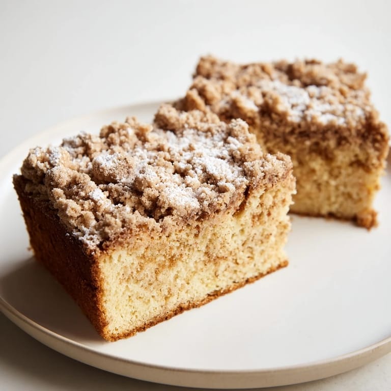 This close-up shot of German Crumb Cake reveals a tender, buttery yeast base and crumb topping.